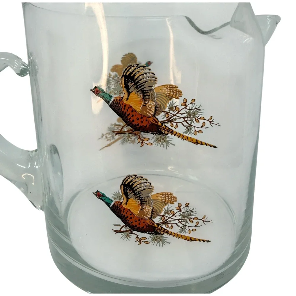 West Virginia Glass Pheasant Cocktail Pitcher 1960s Glass Clear 5.25in Ice Lip
